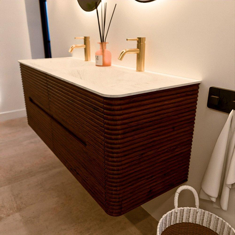 Mondiaz CIRO-DLUX Badkamermeubelset - 130x45x50cm - Solid surface wastafel Opalo - 2 wasbak Dubbel - 2 kraangaten - 4 lades - Ruby SW1531651