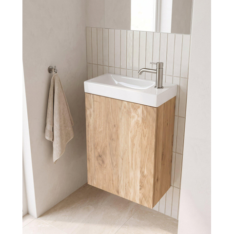 Saniclass Holz Pure Ensemble de meuble WC - 40x60.5cm - 1 porte - lave-mains céramique - trou de robinet à droite - chêne naturel SW1577735