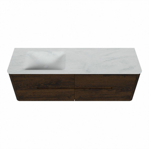 Mondiaz CIRO-DLUX Meuble de salle de bains - 150x45x50cm - vasque solid surface Opalo - 1 lavabo à gauche - sans trous de robinet - 4 tiroirs - Noyer SW1530316