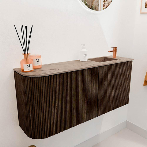 Mondiaz JOYA-DLUX 91.6cm toiletmeubel - ronding links kleur Walnut - Wastafel FAYE positie Rechts 1 kraangat kleur Arena. SW1424367