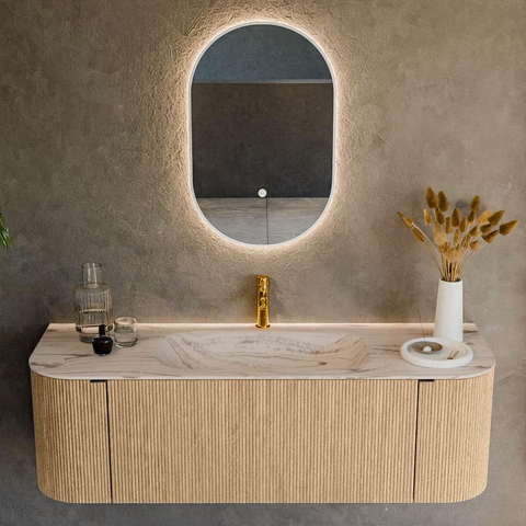 MONDIAZ KURVE-DLUX 140cm badmeubel ronding Links + Rechts kleur Oak met 1 lade en 2 deuren. Wastafel BIG SMALL Midden 1 kraangat Nata. SW1432093