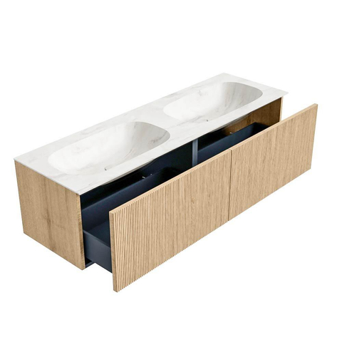 MONDIAZ KURVE-DLUX Meuble de salle de bains 150 cm couleur Oak avec 2 tiroirs. Lavabo STOR SMALL double 2 trous de robinet couleur Ostra. SW1137796
