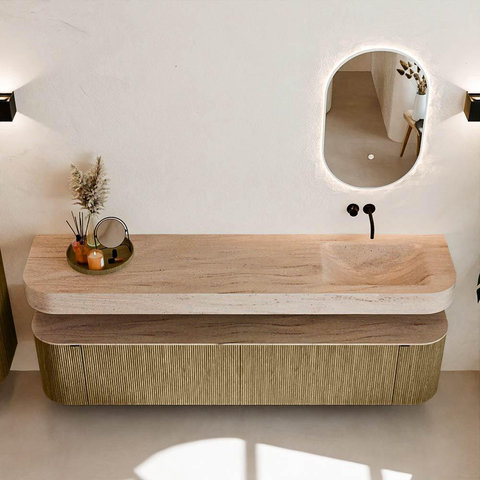 MONDIAZ THOR-DLUX 200cm meuble de salle de bains arrondi gauche + droite couleur Dusk avec 2 tiroirs et 2 portes. Vasque suspendue CLOUD Droite sans trou de robinet couleur Saba. SW1467224