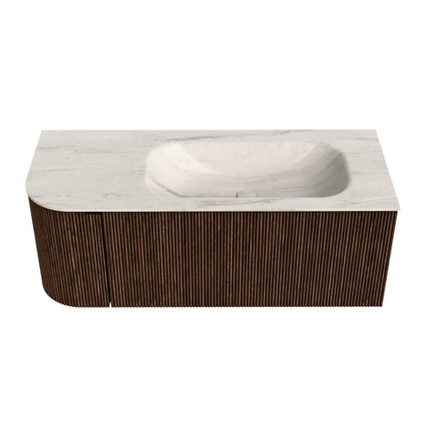 MONDIAZ KURVE-DLUX Meuble de salle de bains 115cm arrondi gauche couleur Walnut avec 1 tiroir et 1 porte. Lavabo BIG SMALL droit sans trou de robinet Meli. SW1431676