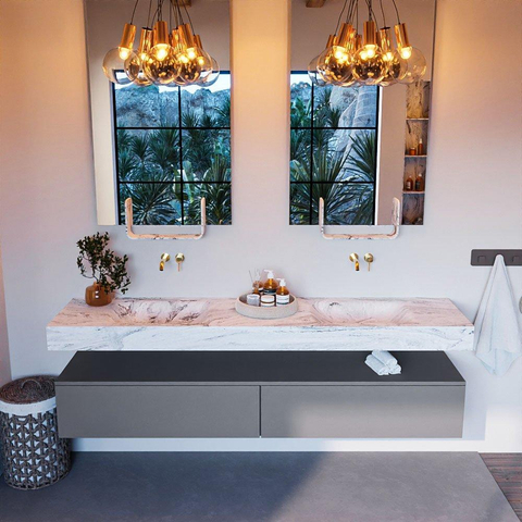 Mondiaz ALAN-DLUX Ensemble de meuble - 200cm - meuble Plata mat - 2 tiroirs - Lavabo Cloud Glace suspendu - vasque Gauche et droite - 0 trous de robinet SW806305