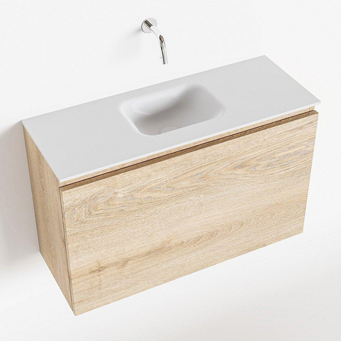 MONDIAZ OLAN Kit lave-mains - 80x30x40cm - 0 trous de robinet - 1 tiroir - chêne blanchi mat - lavabo centré - Solid Surface Blanc SW473475