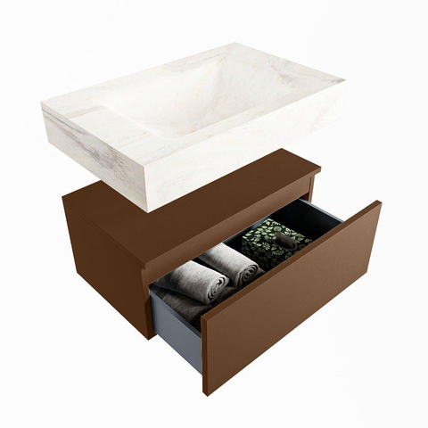 Mondiaz ALAN-DLUX Ensemble de meuble - 70cm - meuble Rust mat - 1 tiroir - Lavabo Cloud Ostra suspendu - vasque Centre - 0 trous de robinet SW807501