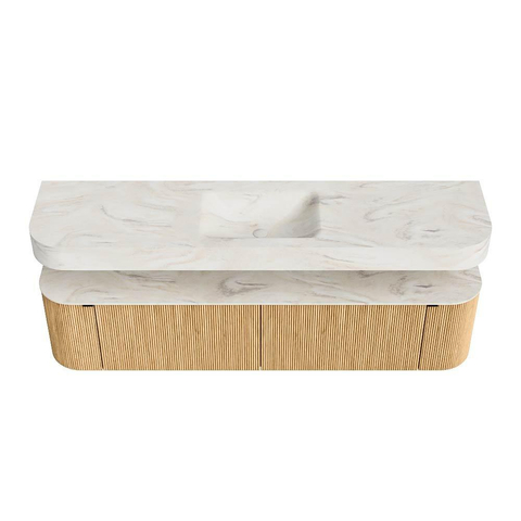 MONDIAZ THOR-DLUX 190cm meuble de salle de bains arrondi gauche + droite couleur Oak avec 2 tiroirs et 2 portes. Vasque suspendue CLOUD Milieu 1 trou de robinet couleur Ostra. SW1466402