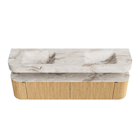 MONDIAZ THOR-DLUX Meuble de salle de bains 190cm arrondi gauche + droite couleur Oak avec 2 tiroirs et 2 portes. Vasque suspendue CLOUD Double 2 trous de robinet couleur Frappe. SW1466363