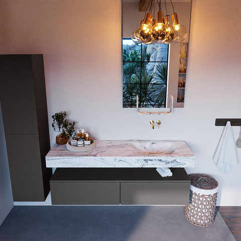 Mondiaz ALAN-DLUX Ensemble de meuble - 150cm - meuble Dark grey mat - 2 tiroirs - Lavabo Cloud Glace suspendu - vasque Droite - 0 trous de robinet SW805590