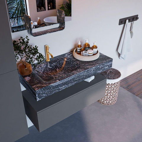 Mondiaz ALAN-DLUX Ensemble de meuble - 100cm - meuble Plata mat - 1 tiroir - Lavabo Cloud Lava suspendu - vasque Gauche - 1 trou de robinet SW808420