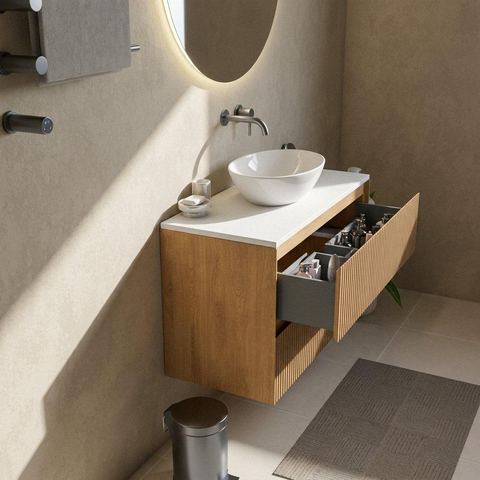 Saniclass Holz Atelier Ensemble meuble de salle de bains - 100x45x62.5cm - plan Torino en Solid Surface blanc - sans trou de robinetterie - 2 tiroirs - chêne natural mat (bois) SW1478704