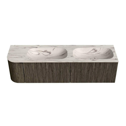 MONDIAZ KURVE-DLUX Meuble de salle de bains 165cm arrondi à gauche couleur Shadow avec 2 tiroirs et 1 porte. Lavabo STOR SMALL Double / À droite 2 trous de robinet Nata. SW1432330