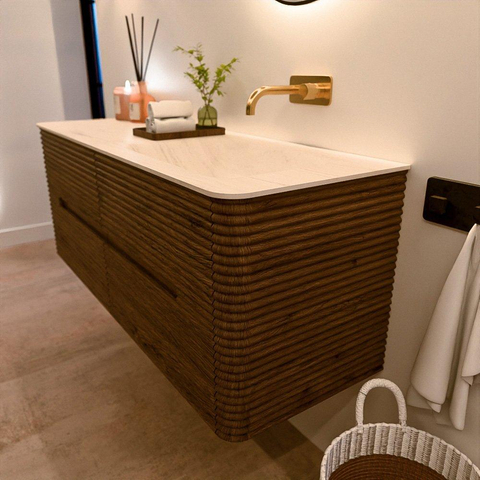 Mondiaz CIRO-DLUX Badkamermeubelset - 130x45x50cm - Solid surface wastafel Meli - 1 wasbak Rechts - zonder kraangaten - 4 lades - Dusk SW1533158