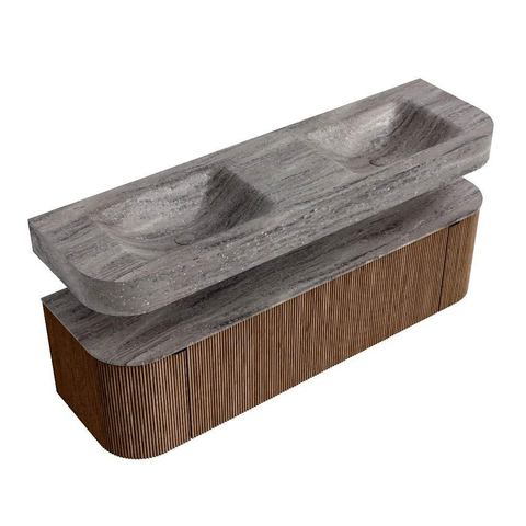 MONDIAZ THOR-DLUX 160cm meuble de salle de bains arrondi gauche + droite couleur Walnut avec 1 tiroir et 2 portes. Vasque suspendue CLOUD Double 2 trous de robinet couleur Oza. SW1465303