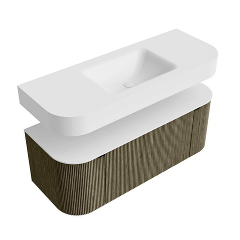 MONDIAZ THOR 120cm meuble de salle de bains arrondi gauche + droite couleur Shadow avec 1 tiroir et 2 portes. Vasque suspendue CLOUD Milieu sans trou de robinet couleur Talc. SW1463163