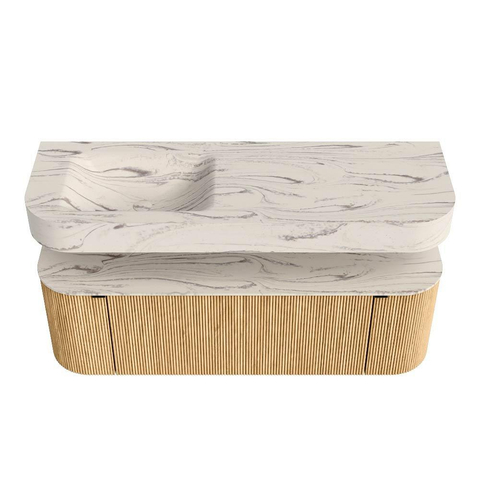 MONDIAZ THOR-DLUX 140cm meuble de salle de bains arrondi gauche + droite couleur Oak avec 1 tiroir et 2 portes. Vasque suspendue CLOUD gauche sans trou de robinet couleur Nata. SW1464411