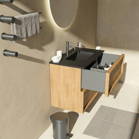 Saniclass Holz Frame Ensemble meuble de salle de bains - 80x45x62cm - Vygo lavabo en céramique noir - 1 vasque - 1 trou de robinet - 2 tiroirs - chêne natural mat (bois) SW1580007