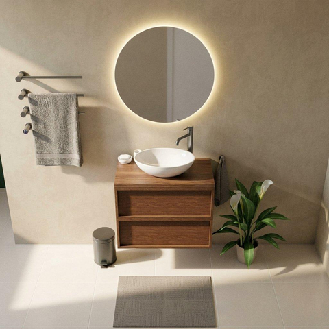 Saniclass Holz Frame Badkamermeubelset - 80x45x63cm - Travertine natuurstenen topblad - 1 kraangat - 2 lades - mat walnut pure (hout) SW1580029