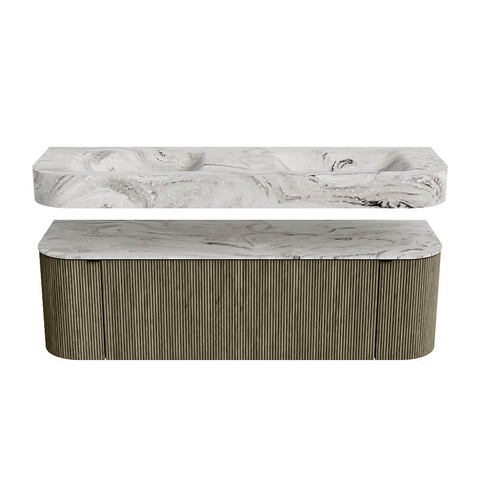 MONDIAZ THOR-DLUX 150cm badmeubel ronding links + rechts kleur Shadow met 1 lade en 2 deuren. Vrijhangende wastafel CLOUD Dubbel zonder kraangat kleur Glace. SW1464673