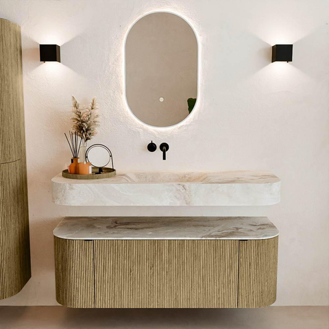 MONDIAZ THOR-DLUX 130cm meuble de salle de bains arrondi gauche + droite couleur Dusk avec 1 tiroir et 2 portes. Vasque suspendue CLOUD Centre sans trou de robinet couleur Frappe. SW1463666