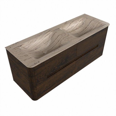 Mondiaz CIRO-DLUX Badkamermeubelset - 130x45x50cm - Solid surface wastafel Arena - 2 wasbak Dubbel - zonder kraangaten - 4 lades - Walnut SW1530430
