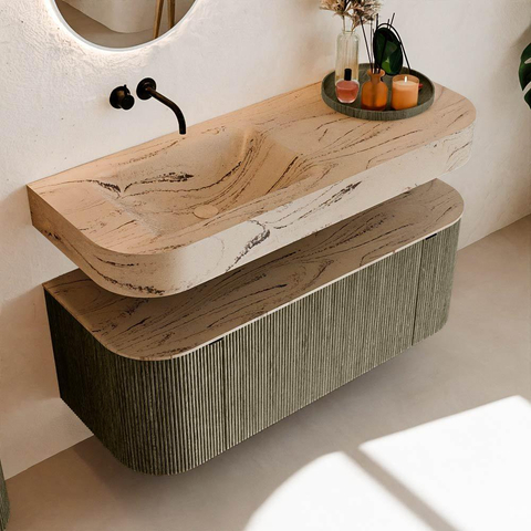 MONDIAZ THOR-DLUX 120cm meuble de salle de bains arrondi gauche + droite couleur Shadow avec 1 tiroir et 2 portes. Vasque suspendue CLOUD Gauche sans trou de robinet couleur Arena. SW1463300