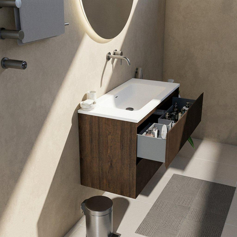 Saniclass Holz Atelier Ensemble meuble de salle de bains - 100x45x77.5cm - lavabo Torino en Solid Surface blanc - sans trou de robinet - 2 tiroirs - chêne charcoal mat (bois) SW1478658