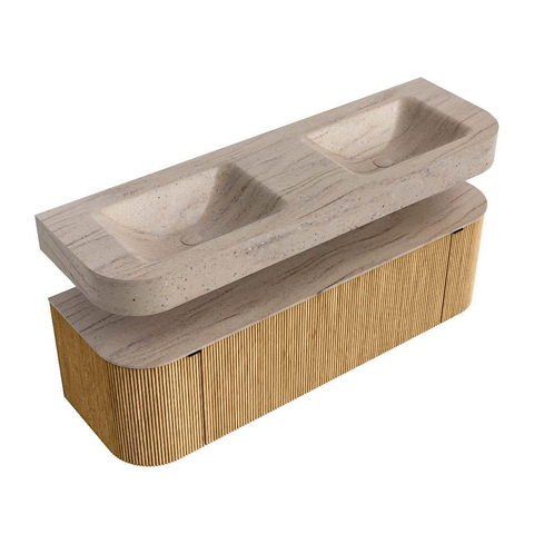 MONDIAZ THOR-DLUX 150cm meuble de salle de bains arrondi gauche + droite couleur Oak avec 1 tiroir et 2 portes. Vasque suspendue CLOUD Double sans trou de robinet couleur Saba. SW1464858