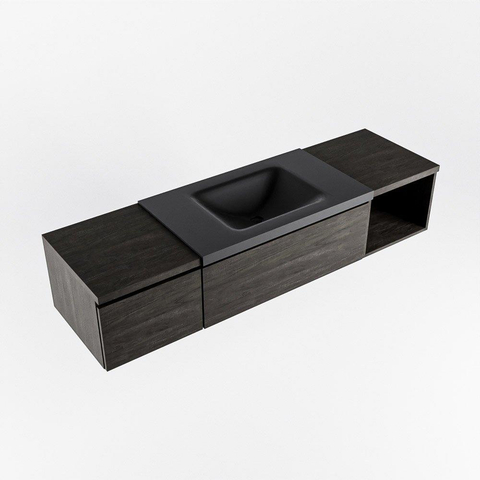 MONDIAZ BUKLA 160cm ensemble de meuble avec module ouvert 40 à droite couleur Marron Foncé avec 2 tiroirs. Lavabo CLOUD centre 1 trou de robinet couleur Urban. SW1382116