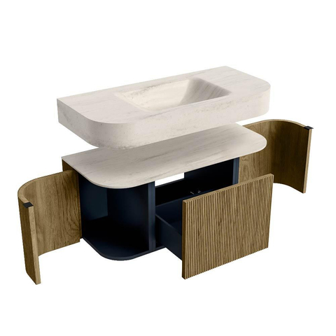 MONDIAZ THOR-DLUX 100cm meuble de salle de bains arrondi gauche + droite couleur Dusk avec 1 tiroir et 2 portes. Vasque suspendue CLOUD Milieu sans trou de robinet couleur Meli. SW1467477
