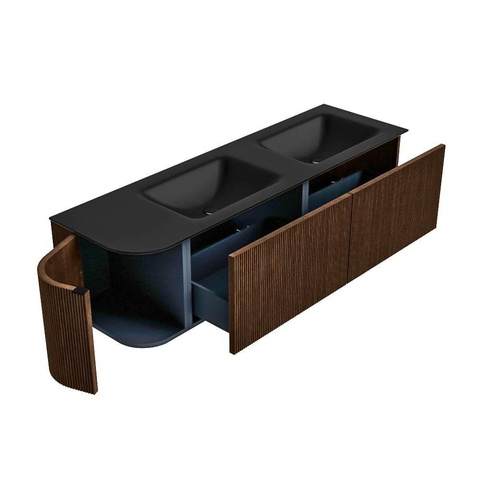 MONDIAZ KURVE 155cm badmeubel met module 25 L kleur Walnut met 2 lades en 1 deur. Wastafel CLOUD dubbel / rechts 2 kraangaten Urban. SW1138499