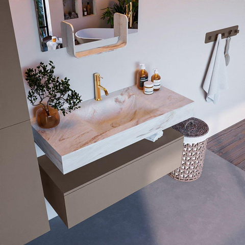 Mondiaz ALAN-DLUX Ensemble de meuble - 100cm - meuble Smoke mat - 1 tiroir - Lavabo Cloud Frappe suspendu - vasque Centre - 1 trou de robinet SW804993