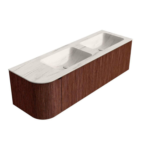 MONDIAZ KURVE-DLUX Meuble de salle de bains 145cm arrondi à gauche couleur Ruby avec 1 tiroir et 1 porte. Lavabo LEAF Double / Droite sans trou de robinet Meli. SW1431979