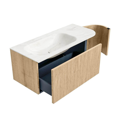 MONDIAZ KURVE-DLUX Meuble de salle de bains 105 cm avec module 25 R couleur Oak avec 1 tiroir et 1 porte. Lavabo BIG SMALL gauche sans trou de robinet couleur Ostra. SW1137720