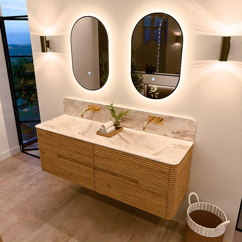Mondiaz CIRO-DLUX Ensemble de meubles de salle de bains - 150x45x50cm - plan vasque solid surface Frappe - 2 vasques double - sans trous de robinetterie - 4 tiroirs - Chêne SW1530893