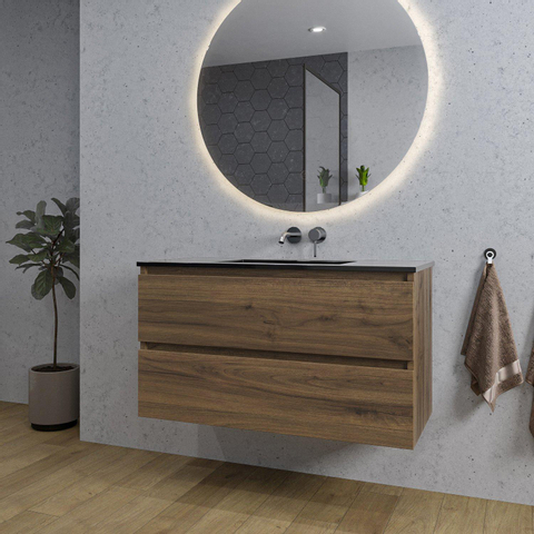 Saniclass Chaci Meuble de salle de bain - 100x46x55cm - lavabo en céramique noir - 1 vasque - sans trous de robinet - 2 tiroirs - ronde miroir avec éclairage - noyer (hout) SW816295