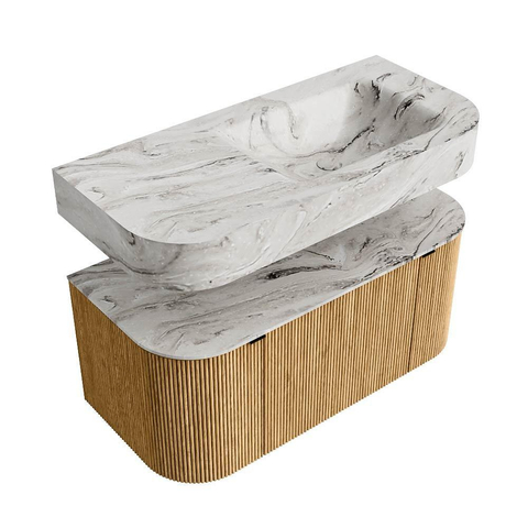 MONDIAZ THOR-DLUX 100cm meuble de salle de bains arrondi gauche + droite couleur Chêne avec 1 tiroir et 2 portes. Vasque suspendue CLOUD Droite 1 trou de robinet couleur Glace. SW1467306