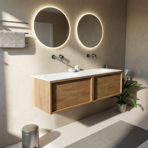 Saniclass Holz Frame Badkamermeubelset - 140x45x41.5cm - Flow solid surface wastafel wit - 2 wasbakken - zonder kraangaten - 2 lades - mat eiken natural (hout) SW1478432