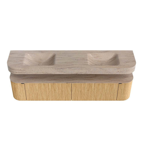 MONDIAZ THOR-DLUX Meuble de salle de bains - 200cm - arrondi gauche + droite - couleur Oak - 2 tiroirs et 2 portes - Vasque suspendue CLOUD Double 2 trous de robinet - couleur Saba SW1467216
