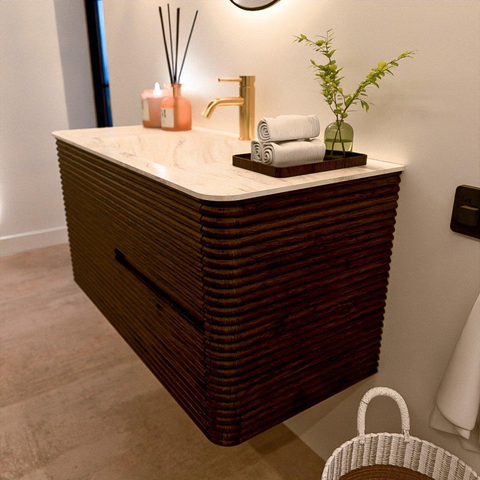 Mondiaz CIRO-DLUX Meuble de salle de bains - 100x45x50cm - Vasque solid surface Ostra - 1 lavabo au milieu - 1 trou de robinet - 2 tiroirs - Noyer SW1530346