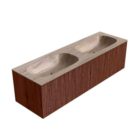 MONDIAZ KURVE-DLUX Meuble de salle de bains 150cm couleur Ruby avec 2 tiroirs et 0 portes. Lavabo STOR SMALL Double 2 trous de robinet Saba. SW1433520