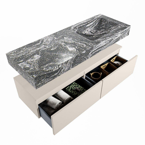 Mondiaz ALAN-DLUX Ensemble de meuble - 130cm - meuble Linen mat - 2 tiroirs - Lavabo Cloud Lava suspendu - vasque Droite - 0 trous de robinet SW808221