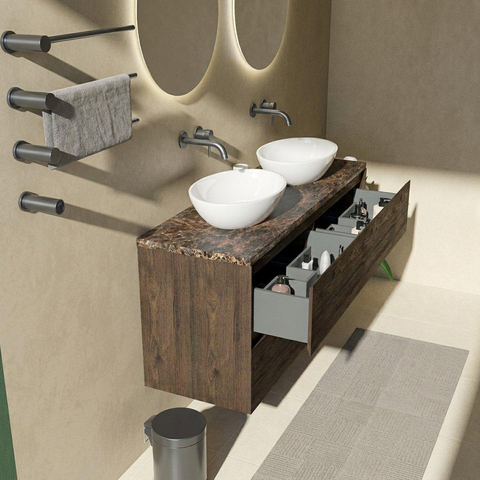 Saniclass Holz Pure Badkamermeubelset - 140x45x63cm - Noche natuurstenen topblad dark emperador - zonder kraangat - 4 lades - mat eiken charcoal (hout) SW1478320