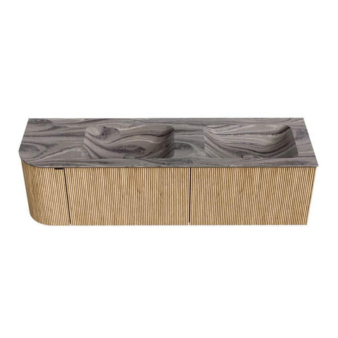 MONDIAZ KURVE-DLUX Meuble de salle de bains 155cm arrondi à gauche couleur Chêne avec 2 tiroirs et 1 porte. Lavabo LEAF Double / À droite sans trou de robinet Sombra. SW1433597