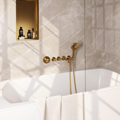 Robinet de baignoire encastré Brauer Gold Carving - ensemble de douche - sortie de 20 cm - avec partie encastrable - 3 boutons avec relief - douchette ronde 3 positions - PVD - or brossé SW715483