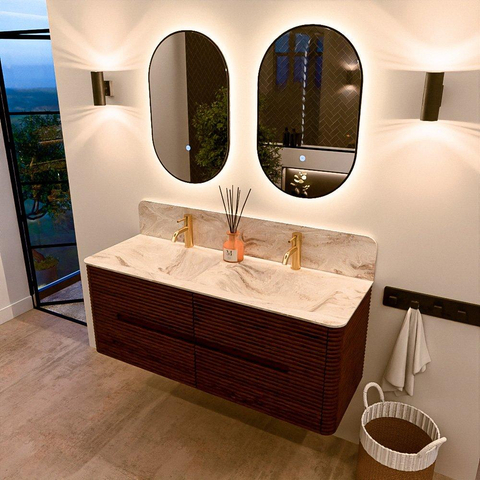 Mondiaz CIRO-DLUX Badkamermeubelset - 130x45x50cm - Solid surface wastafel Frappe - 2 wasbak Dubbel - 2 kraangaten - 4 lades - Ruby SW1531310
