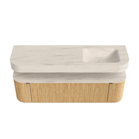 MONDIAZ THOR-DLUX 160cm meuble de salle de bains arrondi gauche + droite couleur Oak avec 1 tiroir et 2 portes. Vasque suspendue CLOUD droite 1 trou de robinet couleur Meli. SW1465155