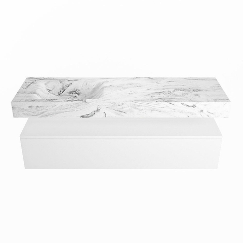Mondiaz ALAN-DLUX Ensemble de meuble - 150cm - meuble Talc mat - 1 tiroir - Lavabo Cloud Glace suspendu - vasque Gauche - 0 trous de robinet SW805058