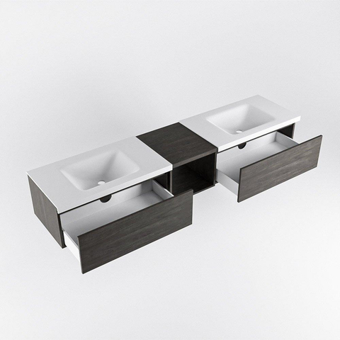 MONDIAZ BUKLA 200cm ensemble de meuble avec module ouvert 40 couleur Marron foncé avec 2 tiroirs. Lavabo CLOUD double 2 trous de robinet couleur Talc. SW1382137